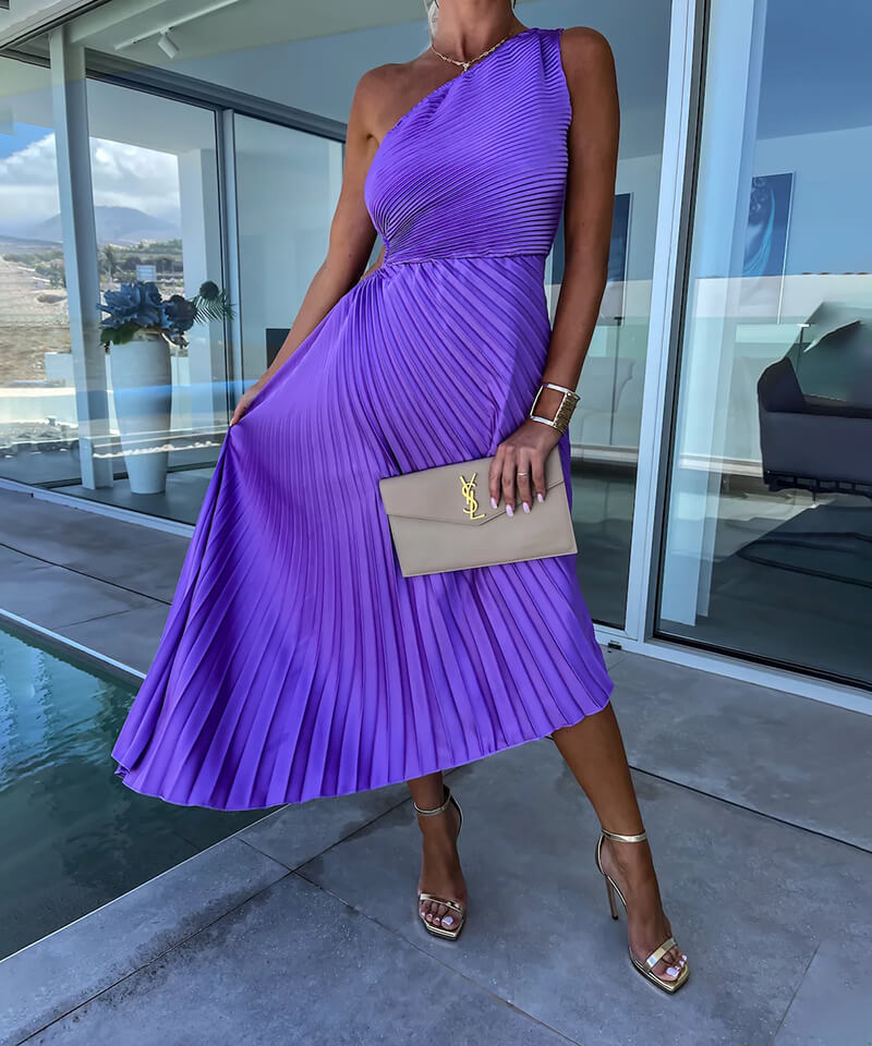 Asymmetrical one-shoulder pleated maxi dress for women, an elegant choice for wedding guest or formal events.