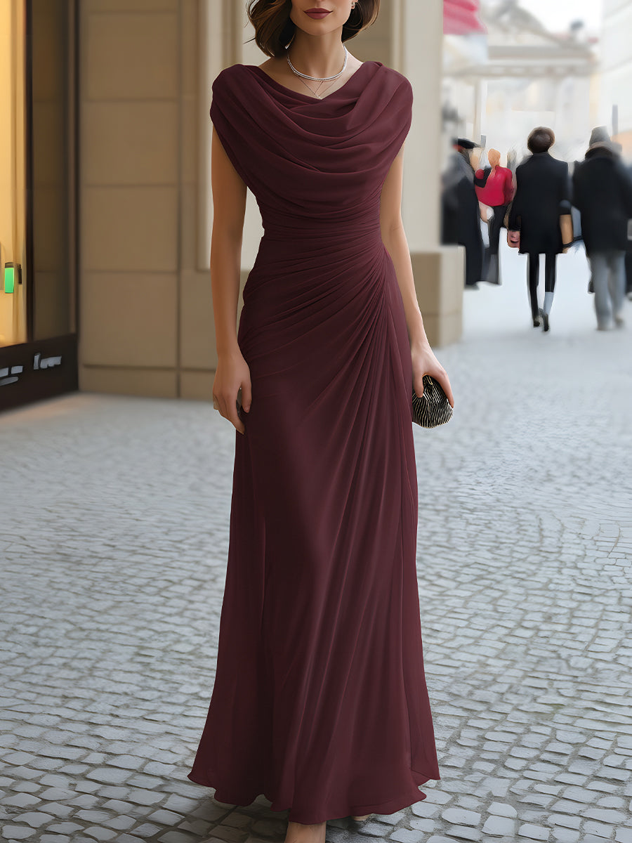 Women's elegant draped maxi dress with cowl neck, suitable for races attire & formal events.