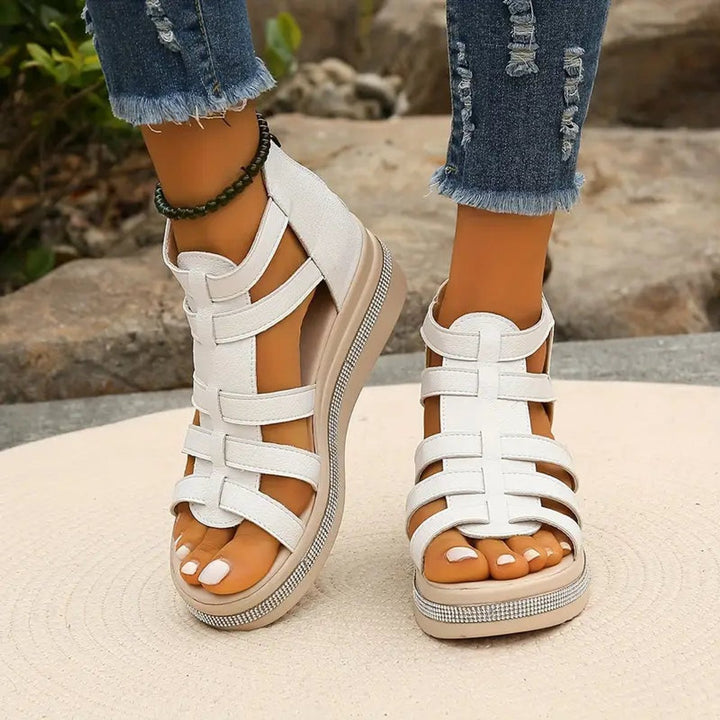 Elegant open-toe orthopedic gladiator shoes with platform sole and excellent arch support.