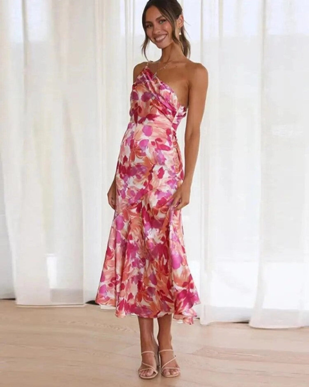 Elegant women's asymmetric floral midi dress with one shoulder & trumpet skirt, perfect for summer events & parties.