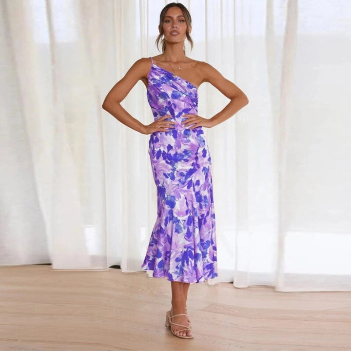 Women's stylish one-shoulder floral midi dress with an asymmetric hem & trumpet skirt, great for parties.