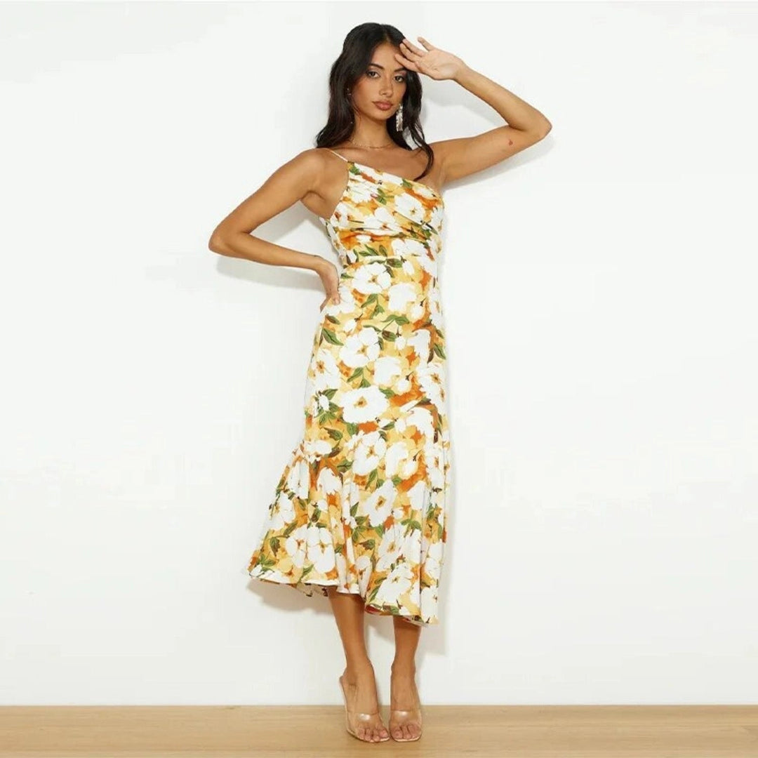 Beautiful women's floral asymmetric midi dress, one-shoulder cut, elegant for wedding guest or summer events.