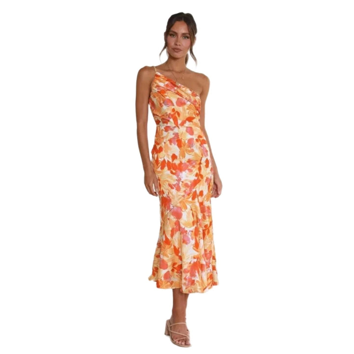 Trendy women's asymmetric floral midi dress with one shoulder and a sophisticated trumpet skirt for occasions.