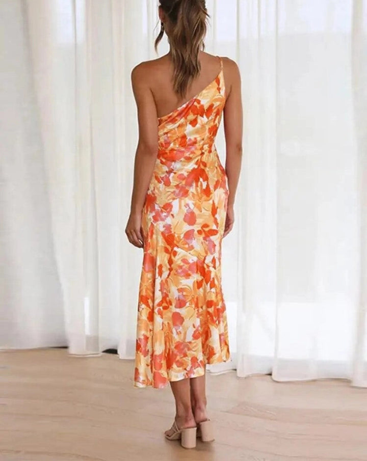 Women's elegant floral midi dress, asymmetric one-shoulder design, perfect for parties, events & summer fashion.