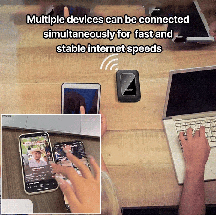 Sleek black portable 5G WiFi router with digital display. High-speed mobile hotspot for seamless internet.