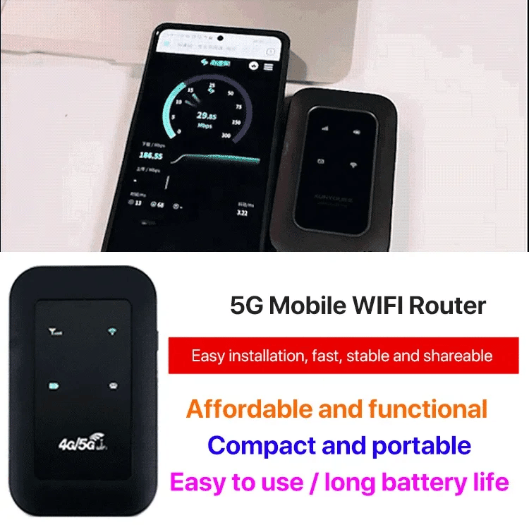 Connect multiple devices to this portable 5G WiFi router. Secure, high-speed mobile internet hotspot for families.
