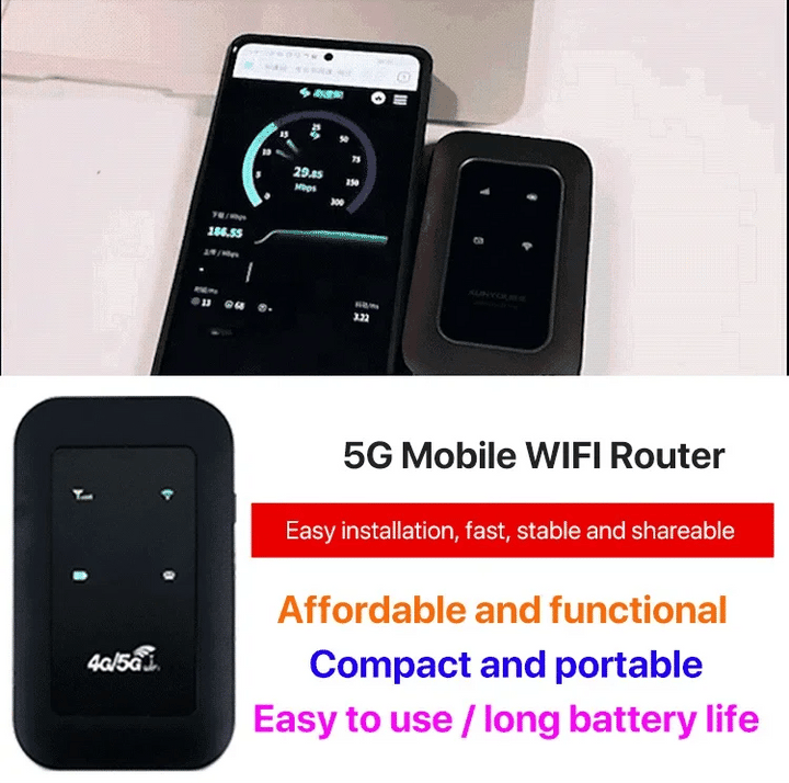 Connect multiple devices to this portable 5G WiFi router. Secure, high-speed mobile internet hotspot for families.