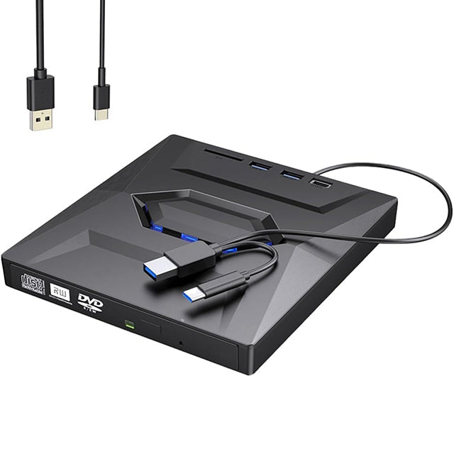 Portable 7-in-1 external DVD CD RW drive with USB-A and Type-C ports