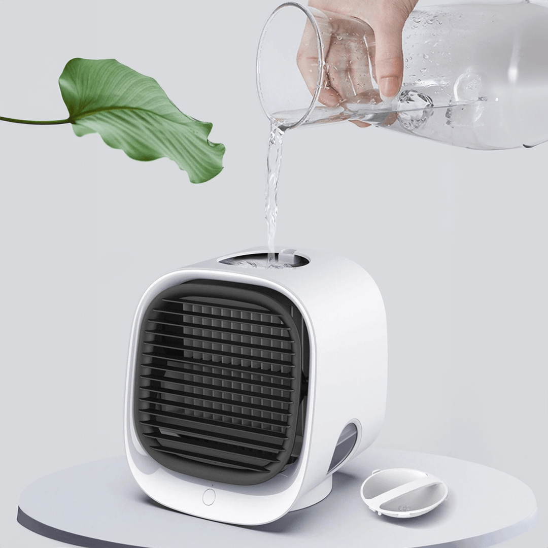 Mini portable air cooler, humidifier, & air purifier. Personal cooling device for car, home, and office use.