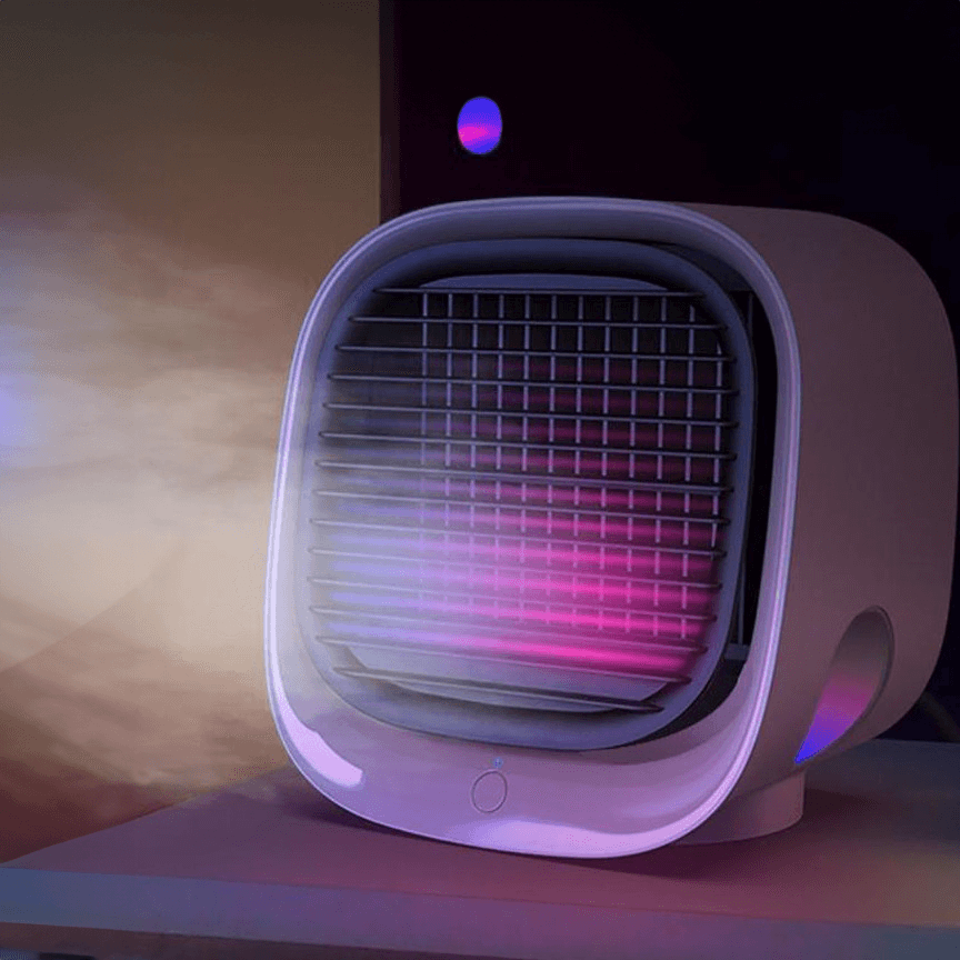 Personal portable air conditioner & USB fan for powerful cooling. Features LED light, ideal for car, home, travel.