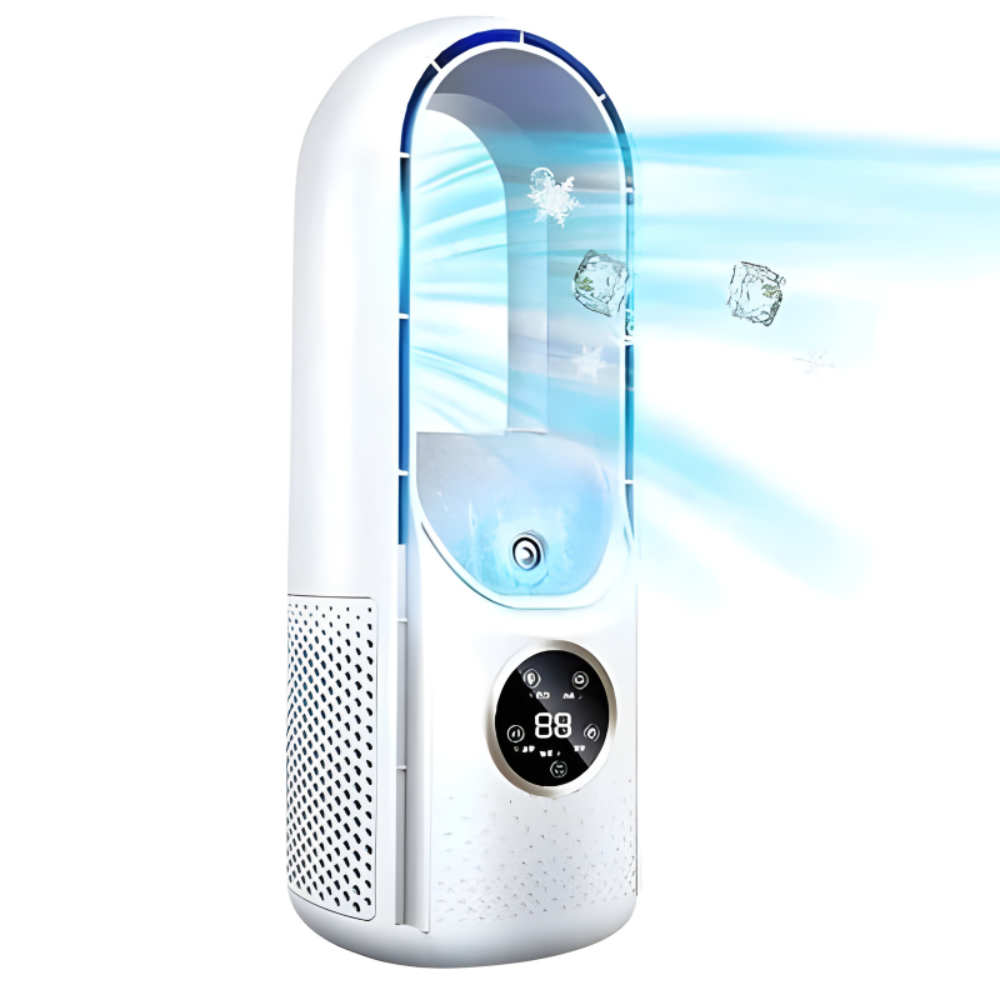 Compact portable bladeless air conditioner and heater, ideal for personal climate control in any room.