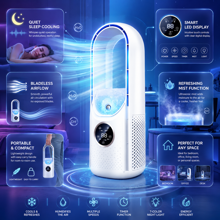 Portable bladeless air conditioner for cooling & heater for warming, enhancing home comfort year-round.