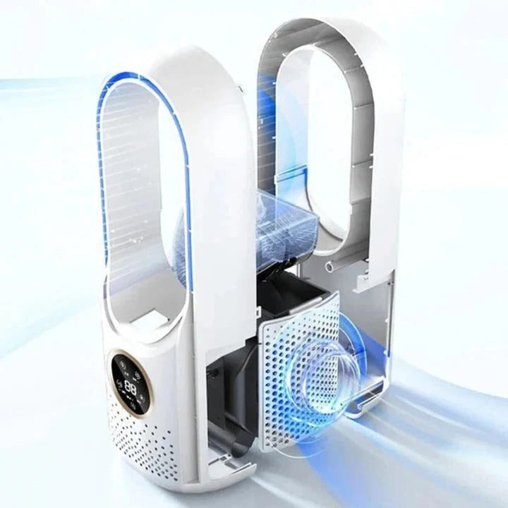 Modern bladeless compact portable cooler & room warmer; essential for home, office, & personal climate control.