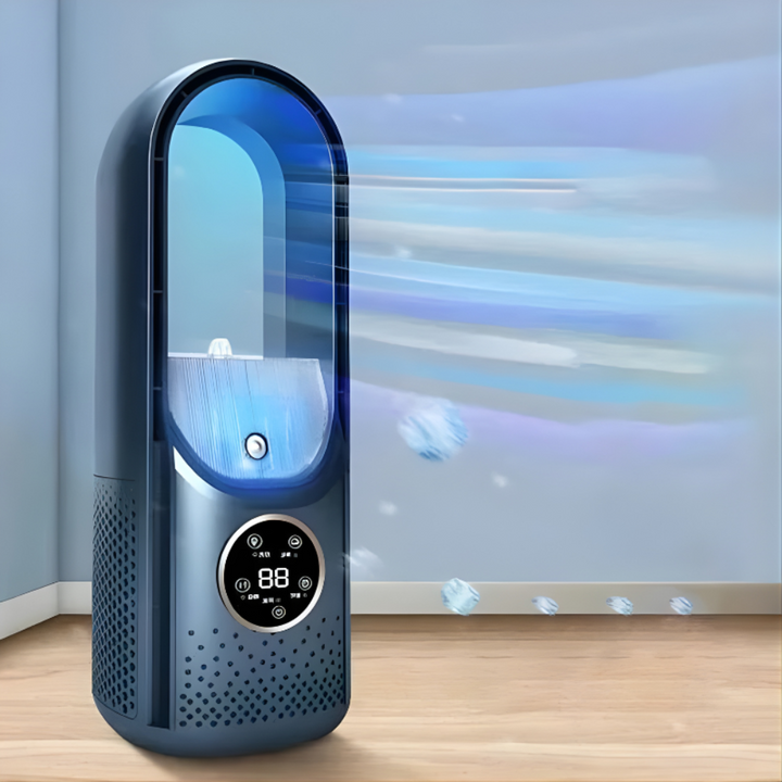 Small bladeless air conditioner for powerful personal cooling and a compact heater for cozy warmth.