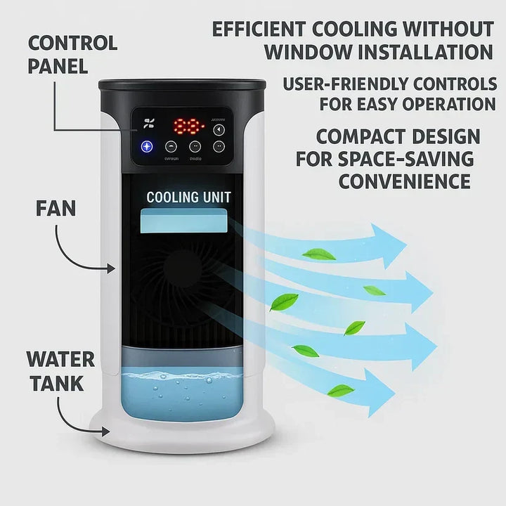 Compact portable AC unit cooling a home office workspace, providing quiet, energy-efficient comfort.
