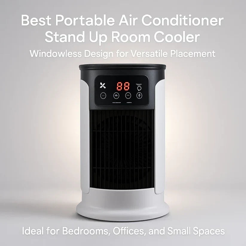 Windowless mini air conditioner quietly cooling a dorm room, perfect for personal comfort and indoor cooling.