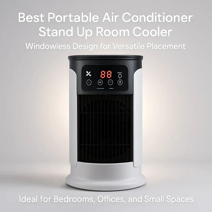 Windowless mini air conditioner quietly cooling a dorm room, perfect for personal comfort and indoor cooling.