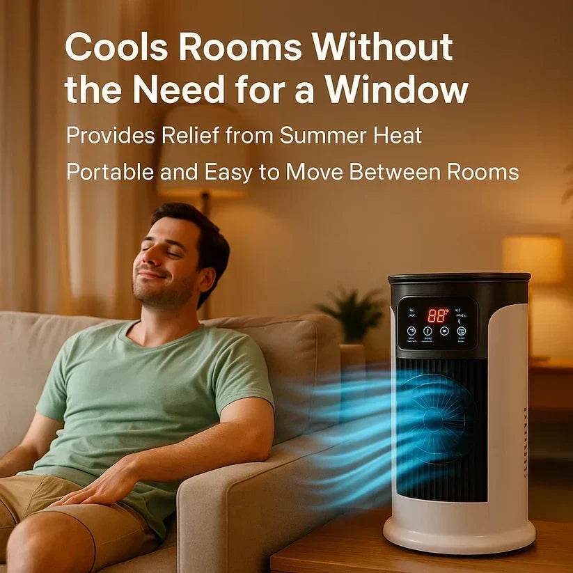 User-friendly control panel of a portable windowless air conditioner, showing temperature and mode settings.