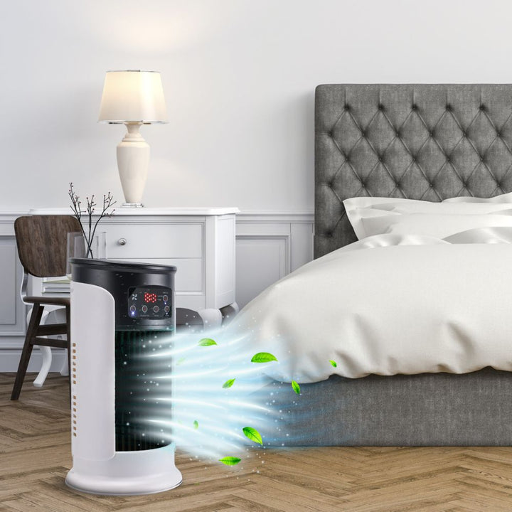 Portable windowless air conditioner on wheels, easily moved for flexible home or office comfort & personal cooling.