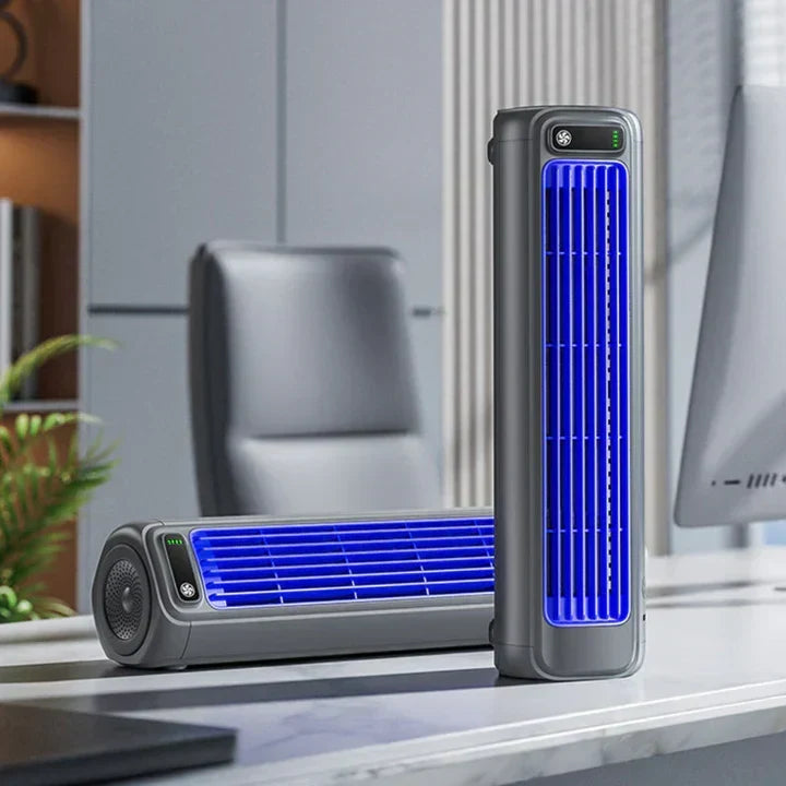 Mini portable air cooler fan, rechargeable for personal cooling. Quiet operation makes it perfect for sleep or work.