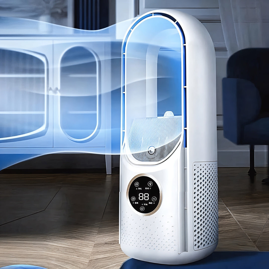 White & blue portable bladeless air cooler, quiet fan for home or office use.