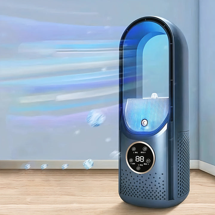 Energy-efficient bladeless personal cooler, safe & quiet desktop fan in white & blue.
