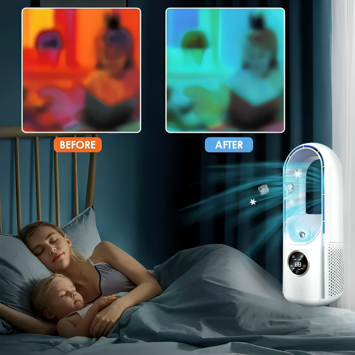 Compact white & blue portable air cooler, quiet fan for office desk or bedroom.