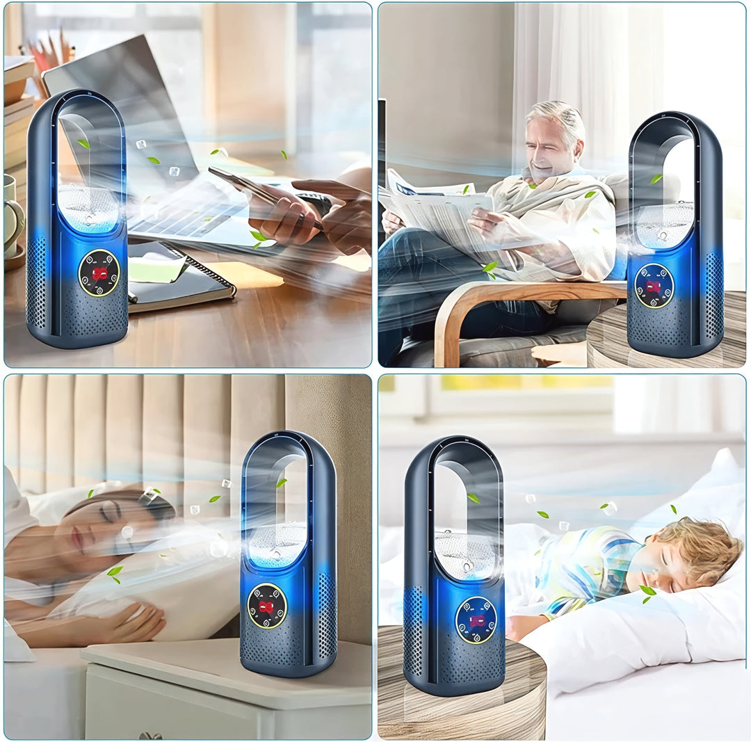 White & blue quiet bladeless desk fan, a portable and energy-efficient personal air cooler.