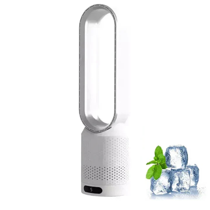 Modern bladeless air purifying fan with remote control. Quiet, energy-efficient for home cooling & improved air quality.