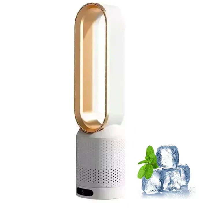 Sleek bladeless fan & air purifier in a modern living space. Remote control for quiet, energy-efficient home cooling.