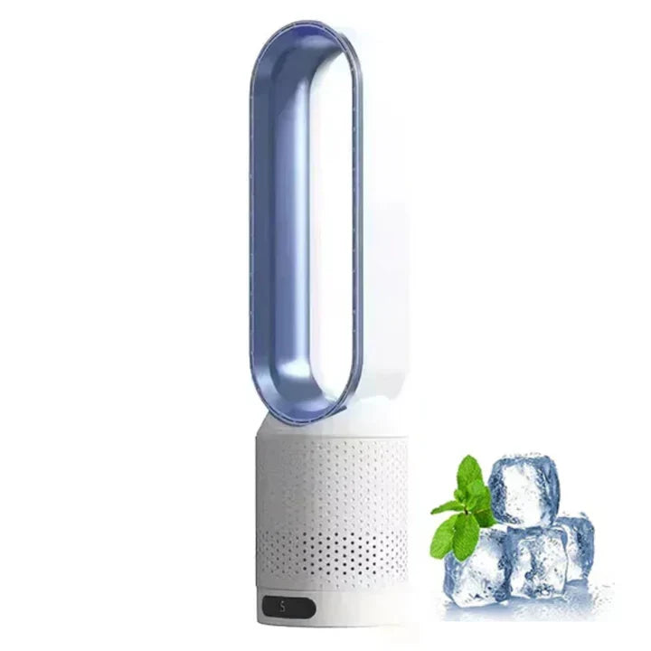 Quiet bladeless fan with air purification, improving air quality. Energy-efficient home cooling controlled by remote.