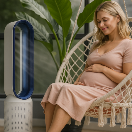 Energy-efficient bladeless fan, air purifier, & remote control for quiet home cooling & improved air quality. Modern design.