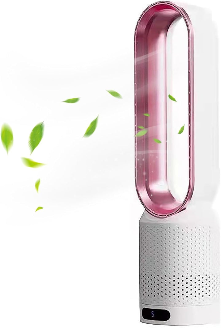 Person adjusting the quiet bladeless air purifying fan with a remote control for comfortable home cooling and cleaner air.