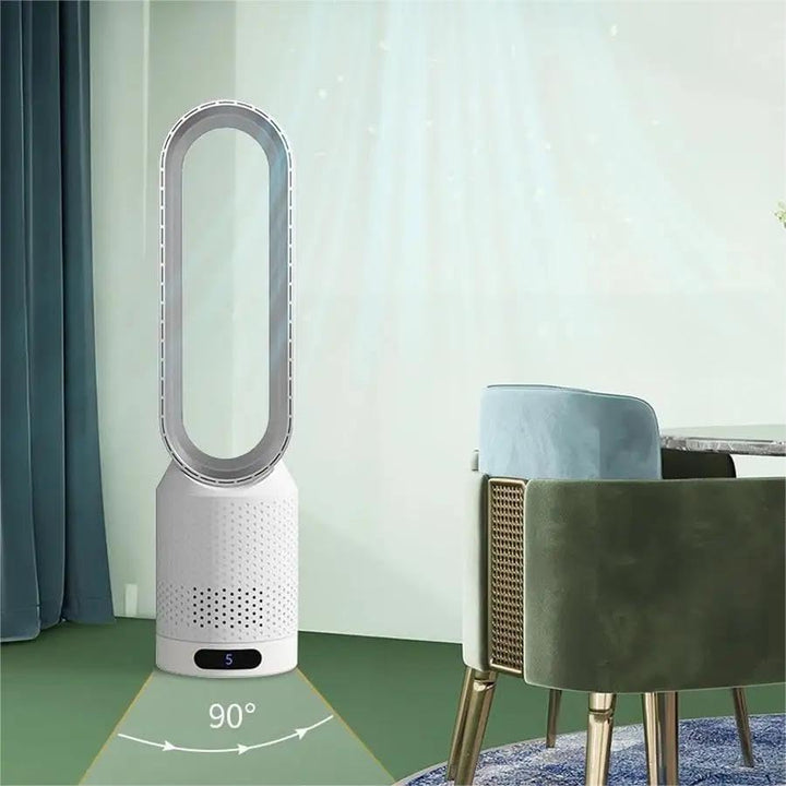 Ultra-modern bladeless fan & air purifier with remote control. Enhances air quality & provides quiet, efficient home cooling.
