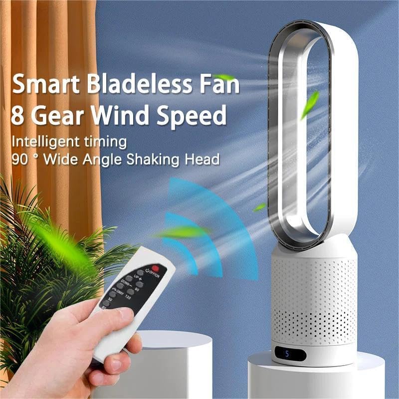 Unisex bladeless fan & air purifier with remote control. Quiet, energy-efficient for home cooling, improving air quality.