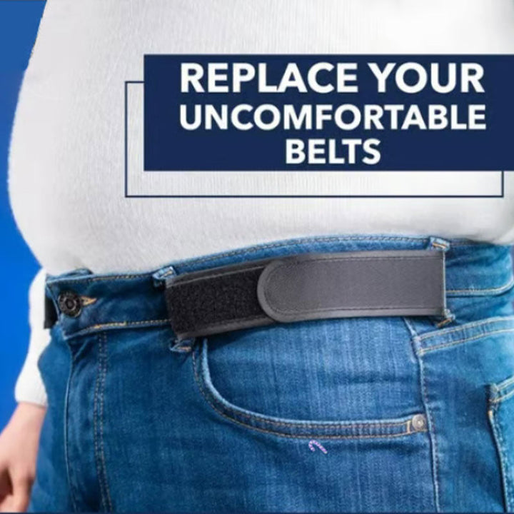 Unisex buckleless belt, black, showing adjustable elastic strap. Perfect for comfort & sleek look under shirts.