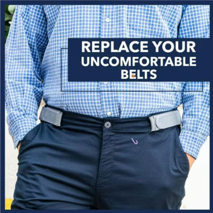 Unisex buckleless elastic belt, demonstrating comfortable, no-gap fit. An invisible waist belt for all-day wear.