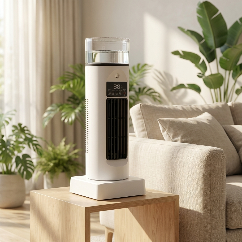 Portable desk air cooler & humidifier with 6 speeds, USB powered for personal cooling in home office or dorm.
