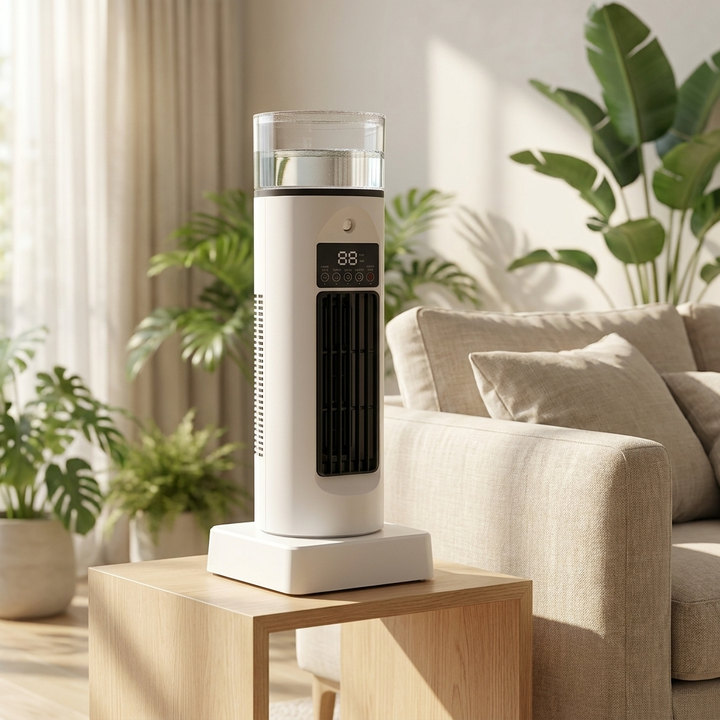 Portable desk air cooler & humidifier with 6 speeds, USB powered for personal cooling in home office or dorm.
