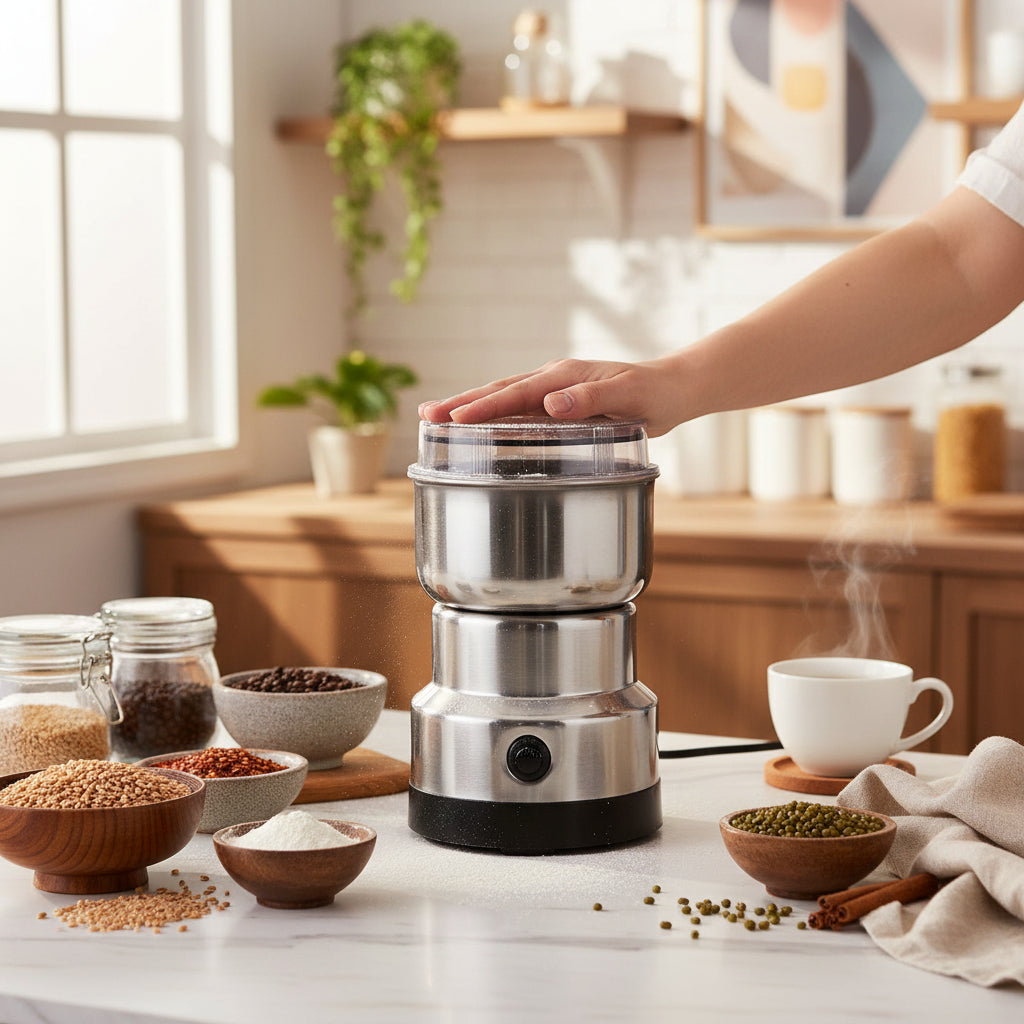 Portable electric food grinder for coffee beans, herbs, & spices. One-touch operation for kitchen convenience.