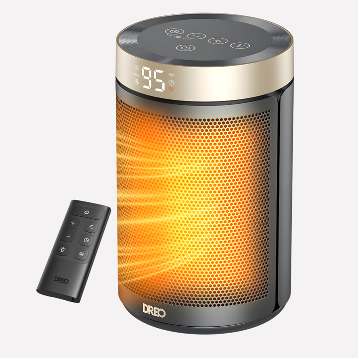 Portable electric space heater with digital thermostat and remote control in gold finish