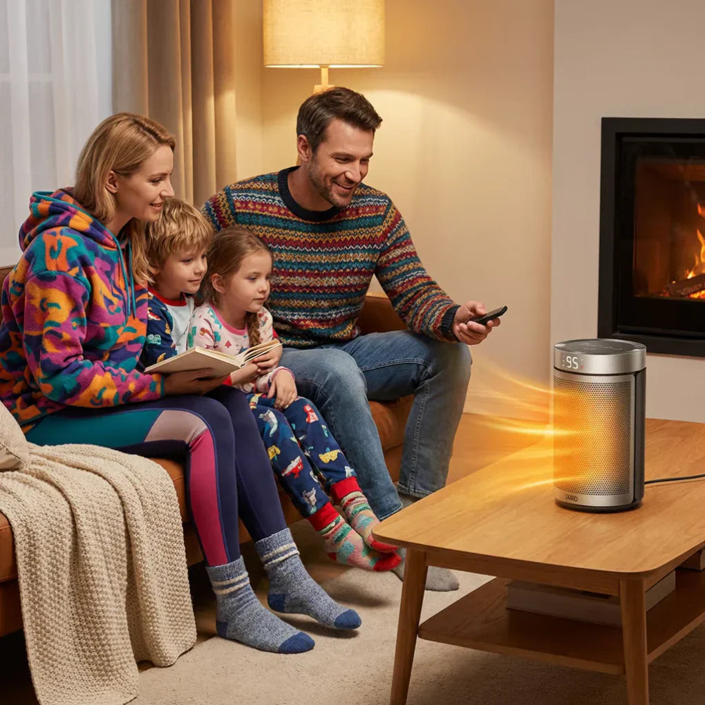 Compact silver electric heater for indoor spaces, featuring adjustable thermostat and remote