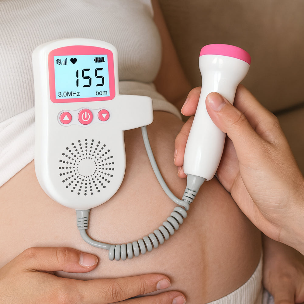 Portable fetal doppler heart rate monitor for expecting mothers, easy to use at home.