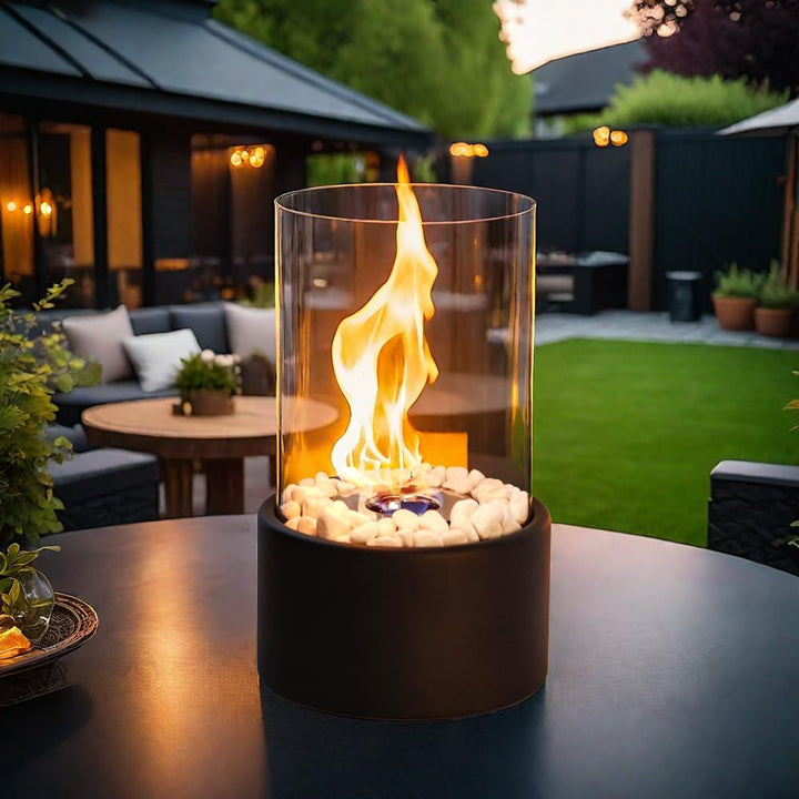 Portable glass fireplace, indoor/outdoor tabletop decor with modern smokeless ethanol burner.
