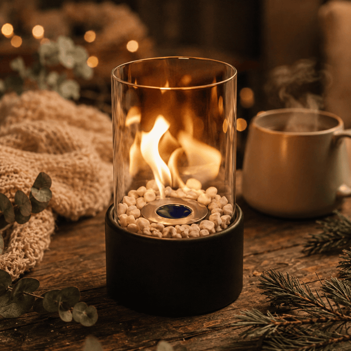 Elegant glass & metal portable fireplace, tabletop home accent with a smokeless ethanol burner.