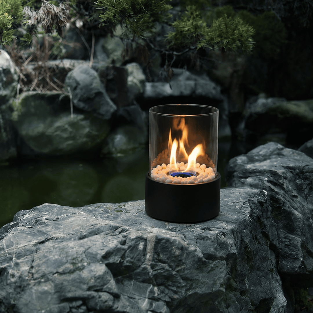 Cozy modern ambiance from a portable glass ethanol fireplace, tabletop decor for indoor & outdoor.