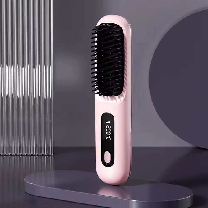Women's electric styling brush with ceramic plates for quick, smooth, healthy hair straightening.