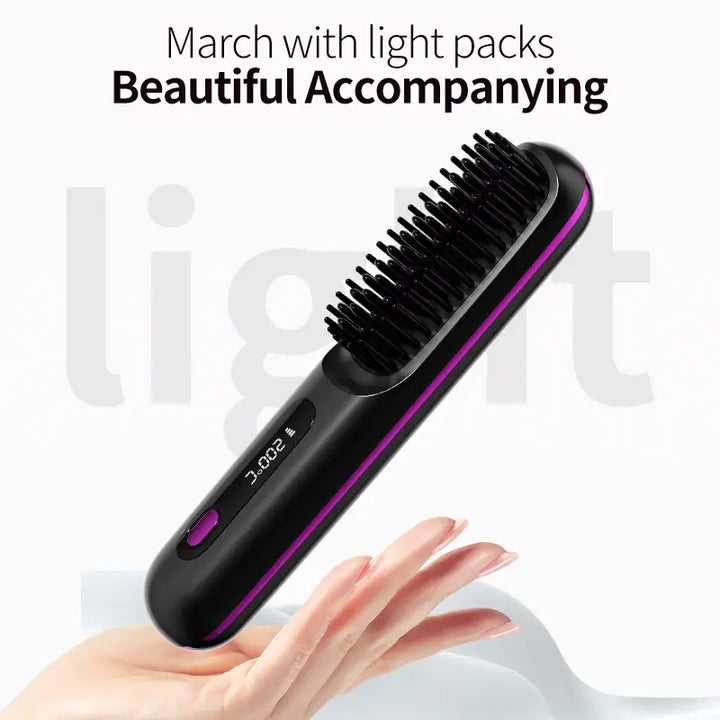 Women's portable electric hair brush with ceramic plates for quick, smooth, and healthy hair styling.