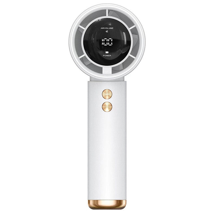 Portable handheld fan with digital display, USB rechargeable. Stay cool on the go with this personal cooler.