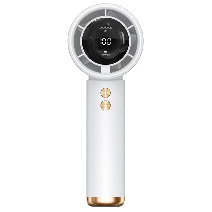 Sleek portable handheld USB fan with digital display for personal cooling. A must-have summer essential.